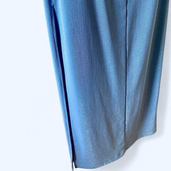 VINTAGE 90s Y2K BABY BLUE GLITTER OPEN BACK GOWN PROM DRESS W/ SIDE SLIT - Picture 4 of 9